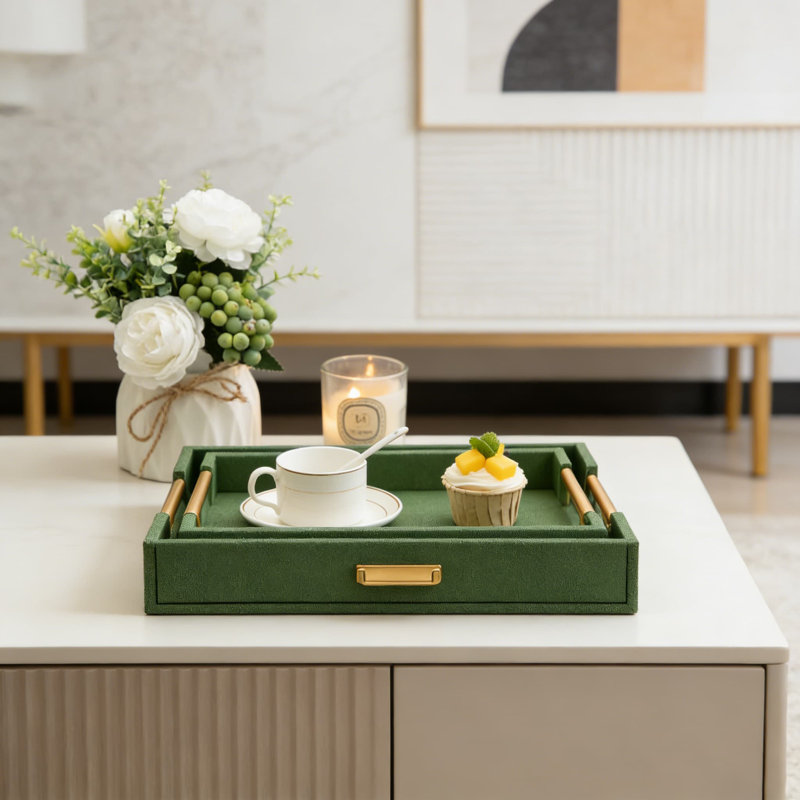 Decorative Tray Set Of 2 With Gold Handles, Modern Shagreen Leather Serving Trays For Coffee Table, Ottoman, Kitchen And Home Decor