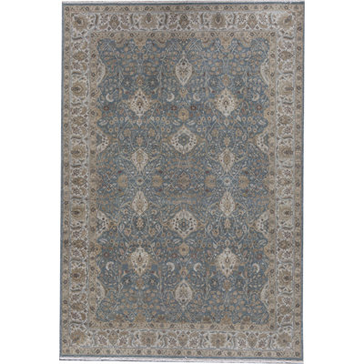Tapis bleu clair et beige noué à la main de haute qualité