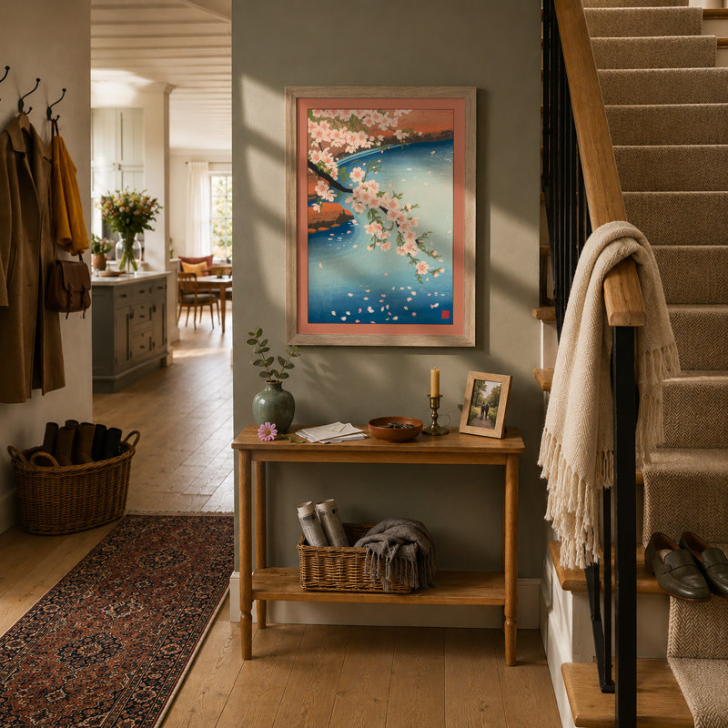 Cherry Blossom Shores Coastal - Framed Print, A3 - 42.0 x 29.7 cm, Oak