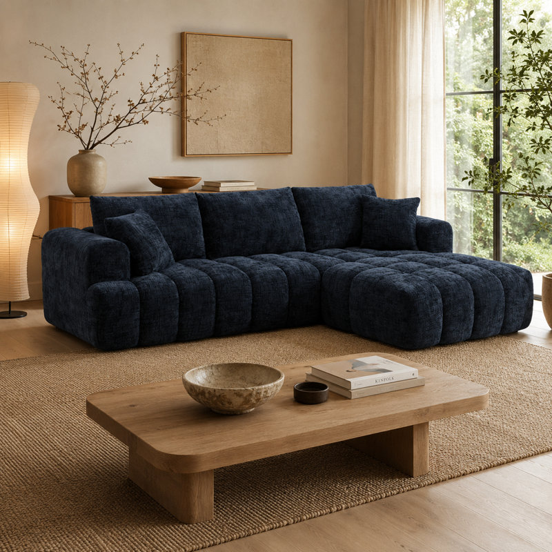 Canapé modulaire rembourré en L 3 pièces avec deux coussins Classic, Chenille bleu foncé, Orienté à droite