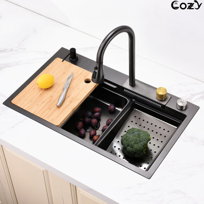 Évier de cuisine noir 30 po x 22 po en acier inoxydable, fabriqué à la main avec une performance rectangulaire en acier polyvalent