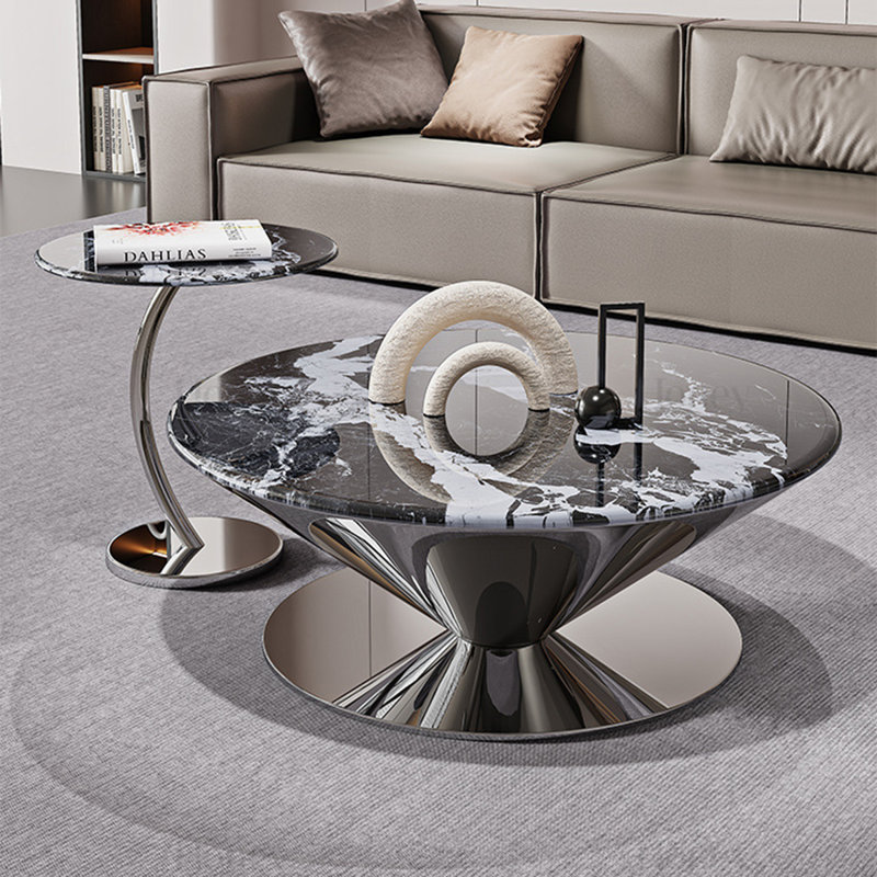 White Marble-Patterned Stone Round Nesting Coffee Table Set, 17.72" H x 53.15" W x 35.43" D, Black and White Pattern / Silver
