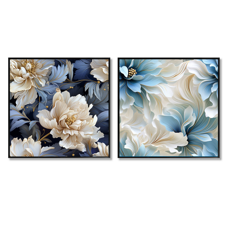 Maeva - Ensemble de 2 collages floraux carrés, Cadre flottant noir, H 16 po x l 33 po