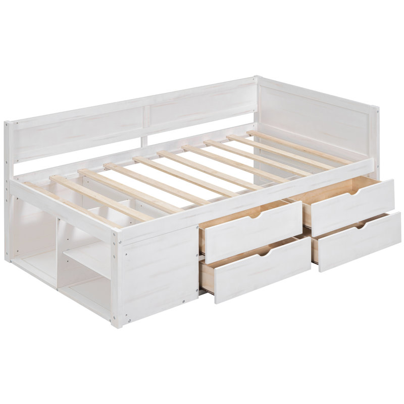 Lit de jour simple blanc avec tiroirs et tablettes fonctionnels pour un espace au fini gracieux, Lit simple, Blanc