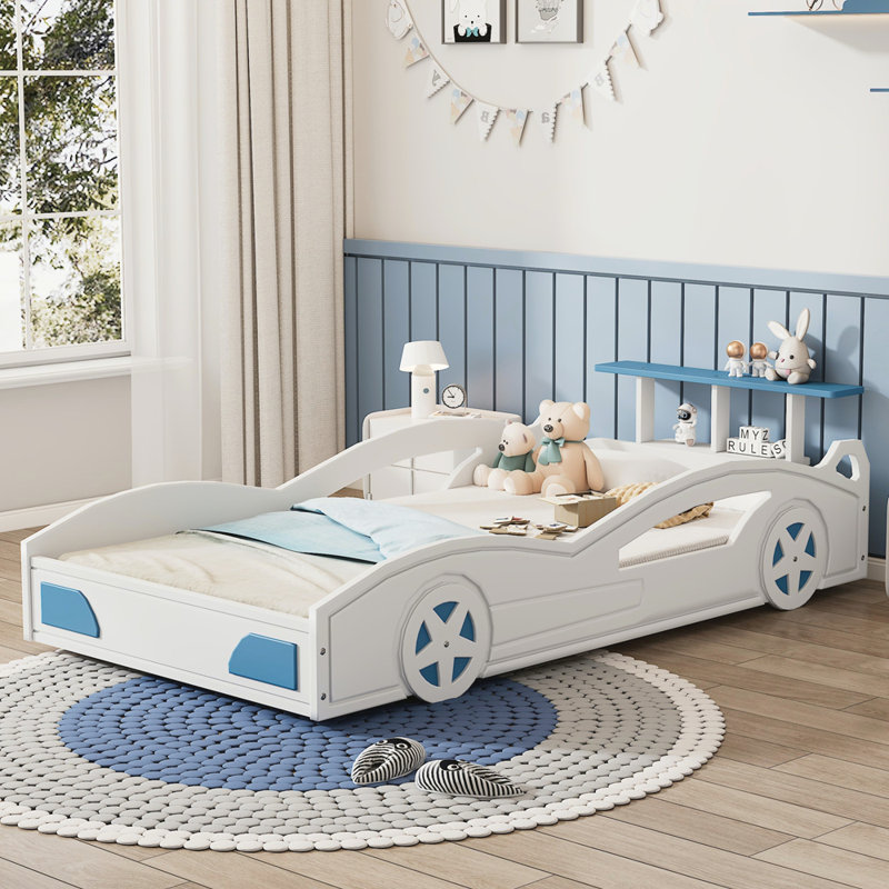 Wooden Race Car Bed,Car-Shaped Platform Twin Bed with Wheels For Teens, Blue/White