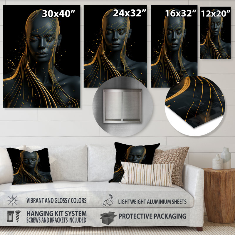 Céleste femme dorée et noire, portrait IV - mode, art en métal, H 40 po x l 30 po x P 1,5 po