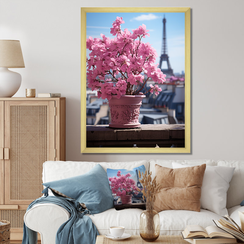 «Pink Paris Parisian Rooftop Views on Toiles», Cadre photo doré, H 32 po x l 16 po x P 1 po