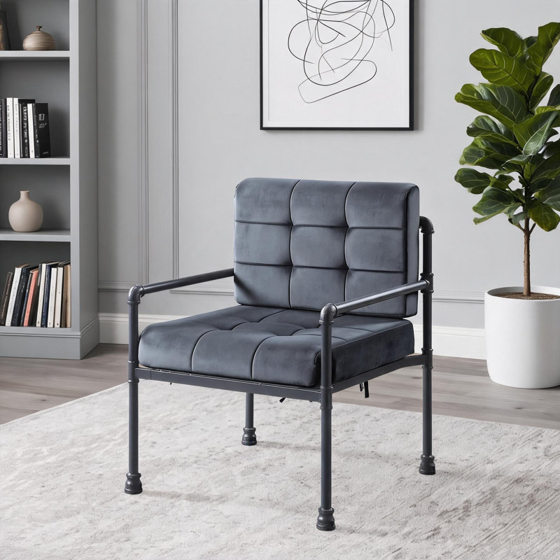 Fauteuil d'appoint industriel à siège unique avec coussin en mousse viscoélastique, tissu gris doux et structure en métal