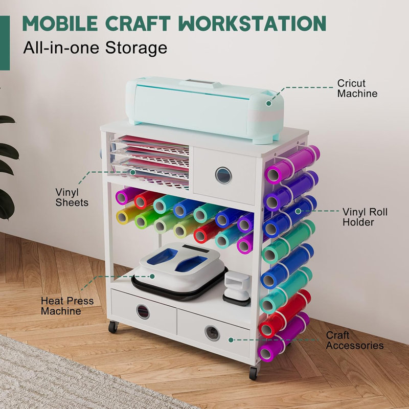 Craft Organizers And Storage With Drawers, Hooks And Height Adjustable Shelf, Rolling Storage Cart And Workstation For Accessories