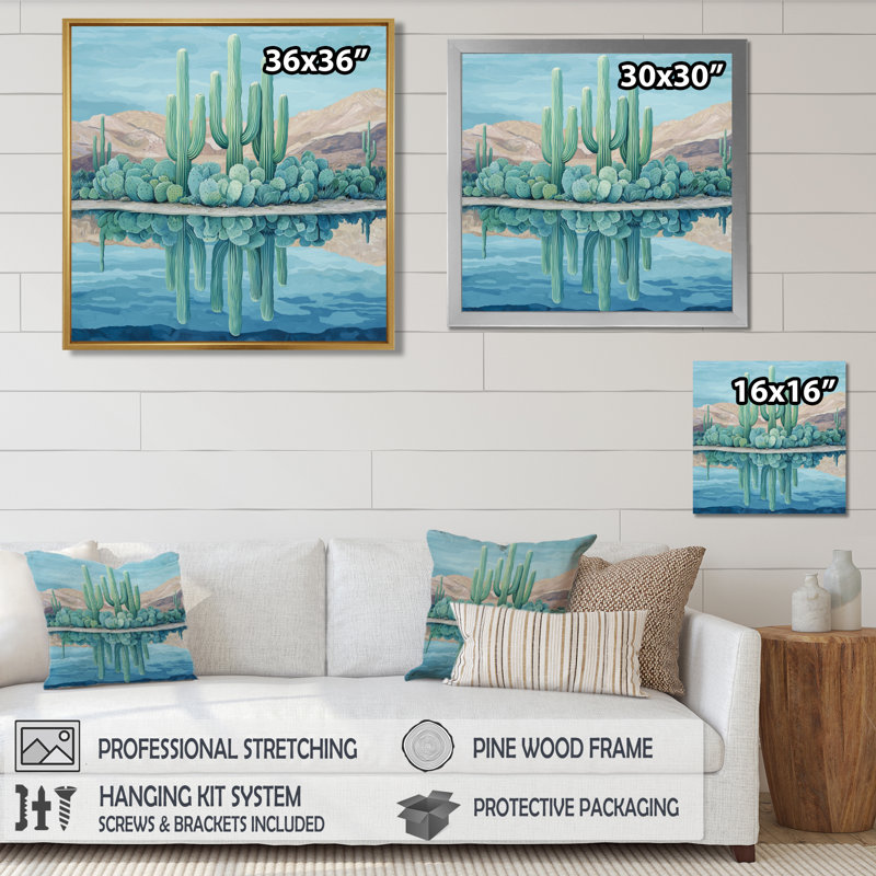 Marelya cactus et l'oasis du désert I - art mural cactus, H 16 po x l 16 po, Reproduction encadrée d'une seule photo, Noir