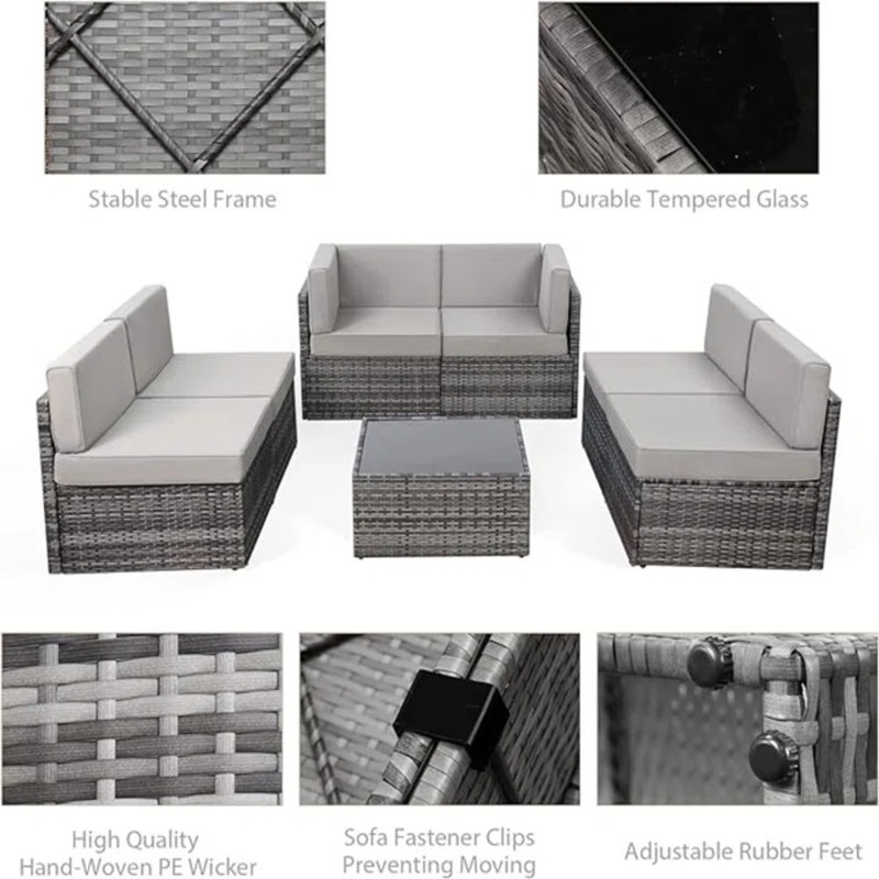 Ensemble de conversation modulaire en rotin 7 pièces avec foyer, Gris, Gris