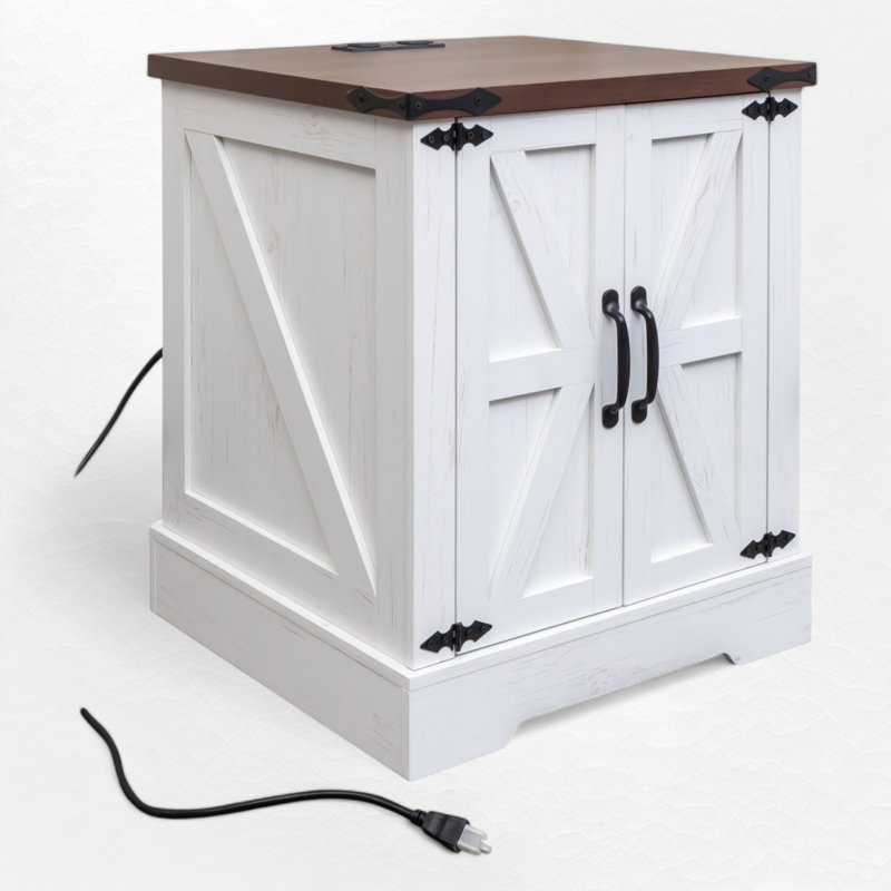 End Table With Storage And Built-in Outlets, White