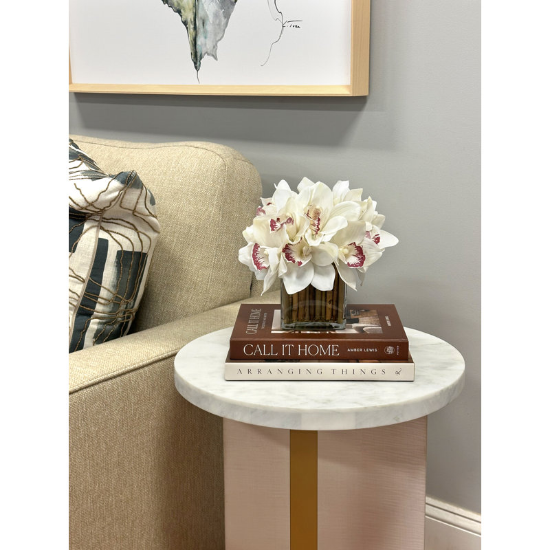 Orchids Arranged in Bamboo-Filled Glass Vase, Blue