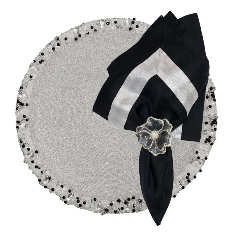 Silver And Black Mixed Beaded Round Placemat