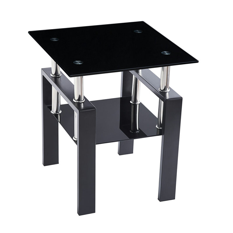  Table de bout carrée contemporaine en verre noir avec tablette
