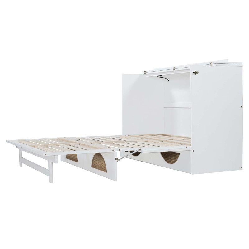 White Queen Murphy Bed with Rattan Drawer and USB Ports