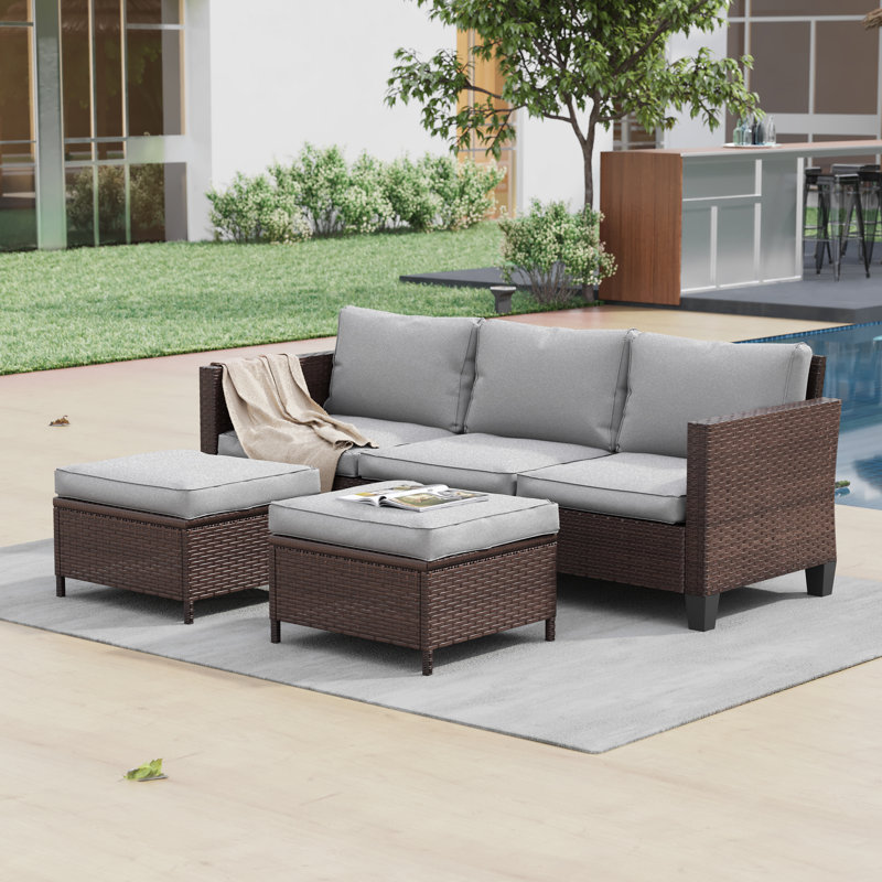 Ensemble de conversation de patio en osier pour 3 personnes avec coussins Dicotas, ensemble de meubles d'extérieur toutes saisons pour terrasse