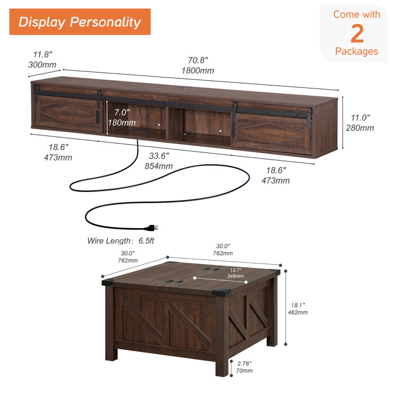Table basse et meuble télé pour salon, Marron foncé, Marron foncé