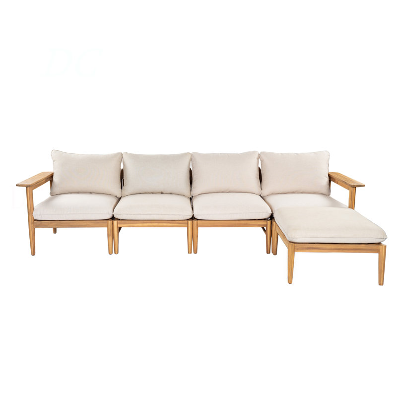 Terassi Outdoor Acacia Wood L-Shape Sofa, Light Teak Finish With Beige Cushion