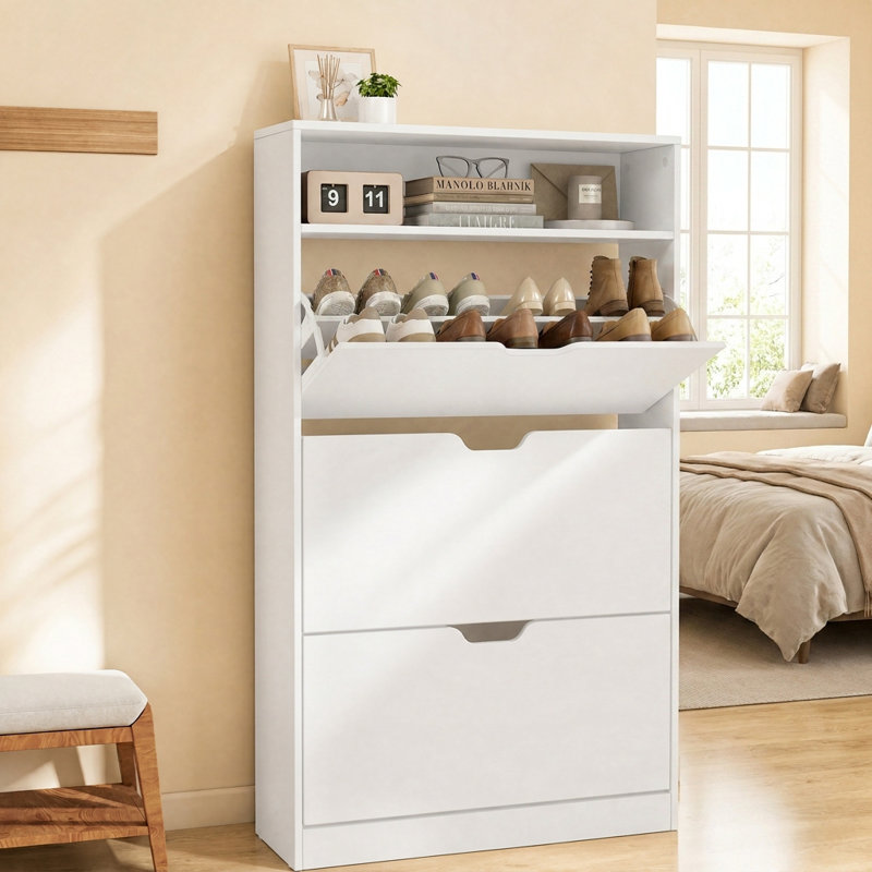 21-24 Pairs Shoe Cabinet, Open Compartment, Adjustable And Removable Dividers, 3 Flip Drawers, White