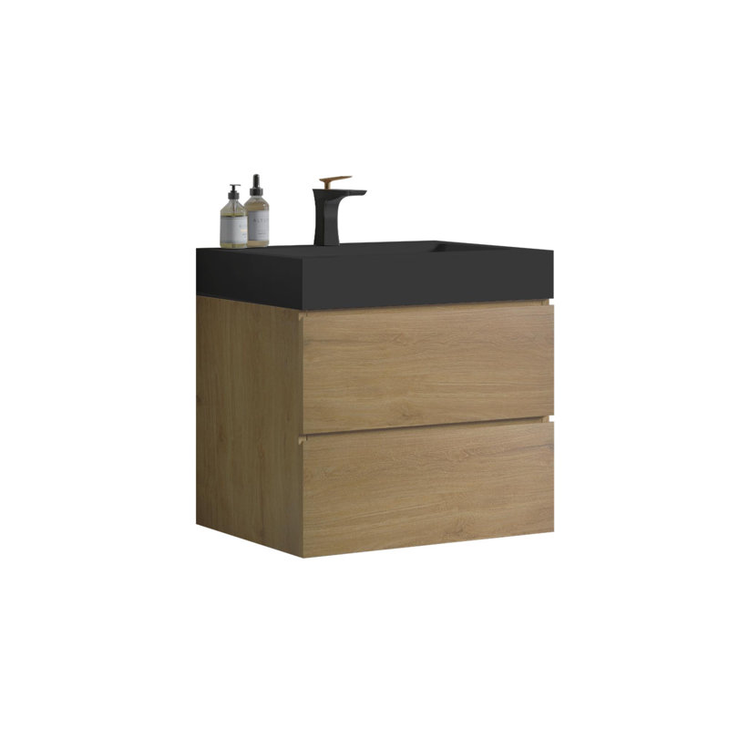 Meuble-lavabo moderne avec lavabo, Noir, Chêne naturel