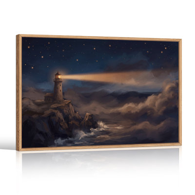 Art mural sur toile, "Phare à poutre sur la côte rocheuse sous les étoiles"