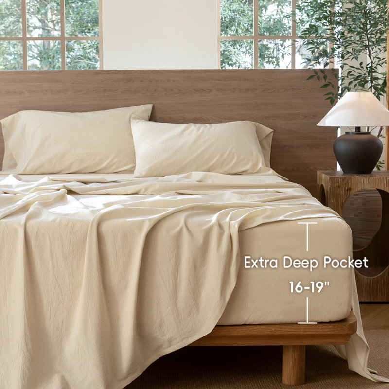 MooMee Fitted Sheet Only Extra Deep Pocket 100% Washed Cotton Linen Like Textured Lightweight Breathable, King