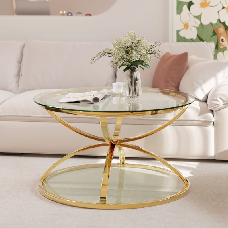 31.50'' Modern Rectangle Glass Coffee Table with Ring-Shaped Frames, Tempered Glass, Luxury Centre Table for Living Room, Bedroom and Office