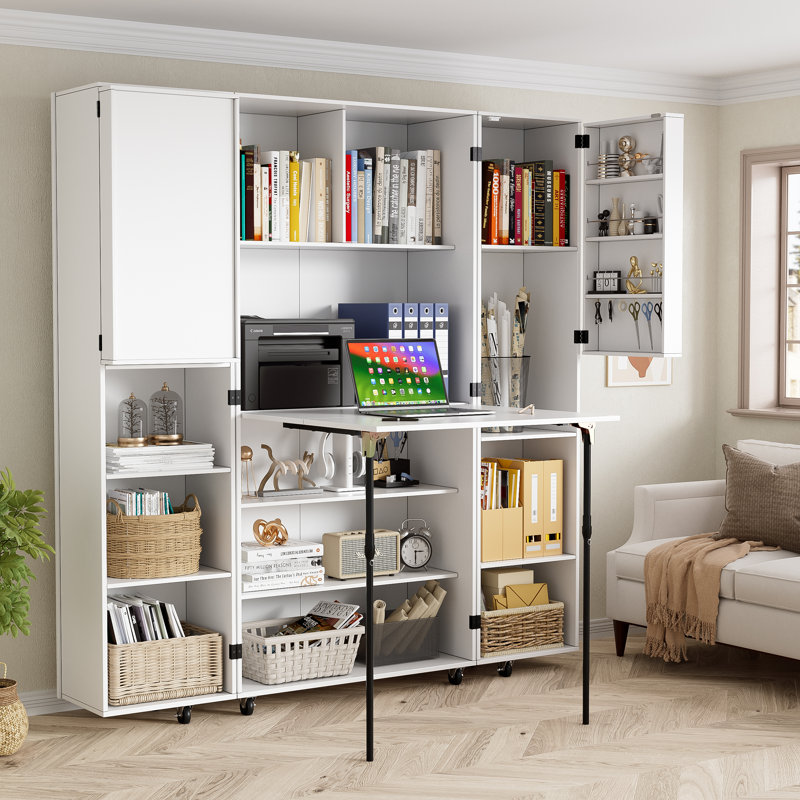 Foldable Crafting Storage Cabinet, Craft Armoire With Fold Out Table, Sewing Machine Table On Wheels, Garage Storage Cabinet With Cutting Table, Storage Shelves For Large Fabric, And Foldable Sewing Desk For Home Or Craft Rooms