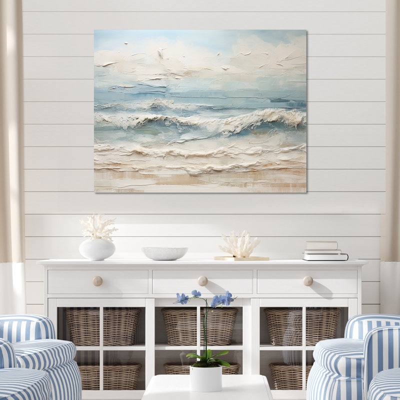 Peinture de plage côtière beige et bleue - Reproductions encadrées de plage côtière, H 24 po x l 32 po, Toile tendue