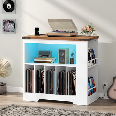 Large Record Player Stand With Charging Station & Led Lights