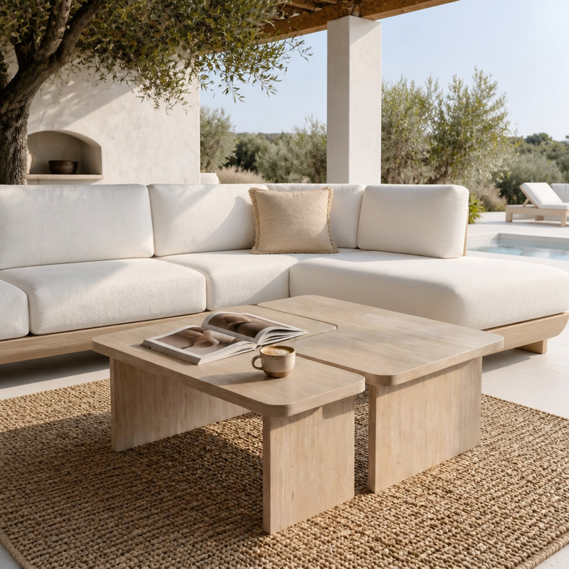 Ensemble de 2 tables basses modulables en travertin, ensemble de tables gigognes en forme de L, table d'angle séparable pour petits espaces et salon, beige crème