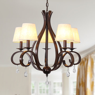 5 - Light Aged Brass Traditional Chandelier Farmhouse Rustic Bronze Chandelier with Fabric Shades Candle Style Classic Chandelier