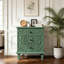 Commode de style champêtre à 3 tiroirs, commode de chevet à l'aspect vieilli avec façade ornée d'un motif floral en relief-1949924309