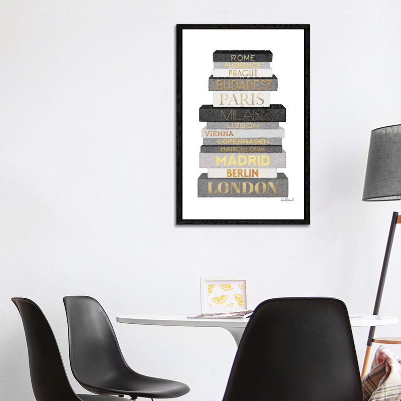 City Books Europe, Grey & Gold by Amanda Greenwood - Painting on Canvas, Black Framed Canvas, 66.04 cm H x 45.72 cm W