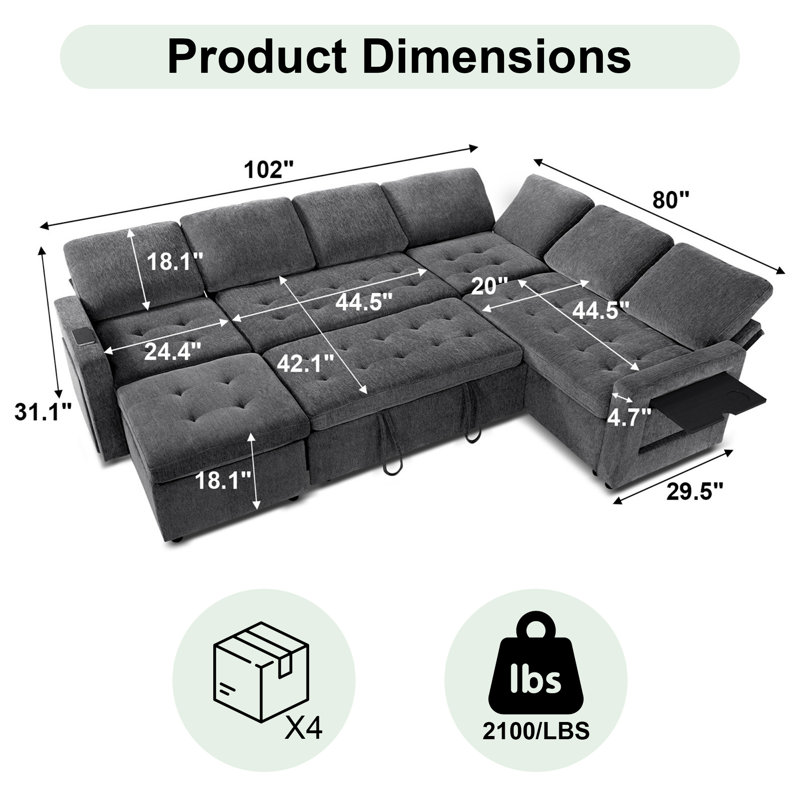 Canapé-lit modulaire en L 7 pièces avec lit escamotable, repose-pieds, dossier réglable, charge USB, éclairage DEL et table d'appoint - Gris chenille (assemblage sans outil)