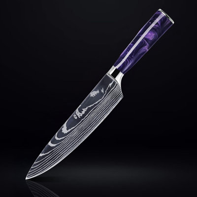 "Amethyst" 8" Japanese Chef's Knife With Purple Resin Handle & Damascus Blade Pattern