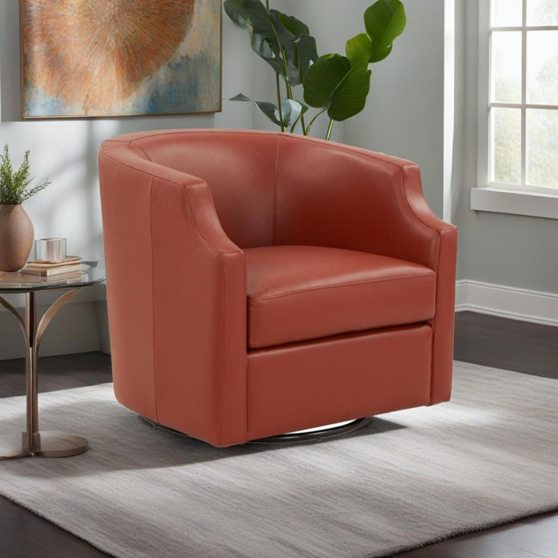 Fauteuil demi-tonneau pivotant en cuir Grain, Caramel