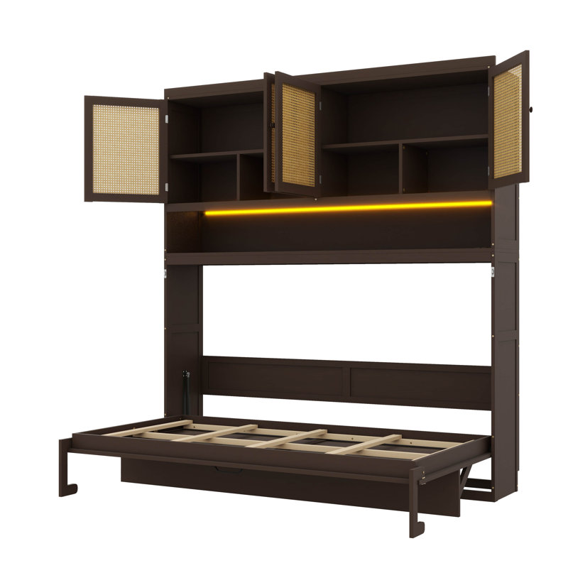 Lit escamotable simple peu encombrant avec compartiment supérieur, conception pliable avec éclairage et ports USB, Espresso
