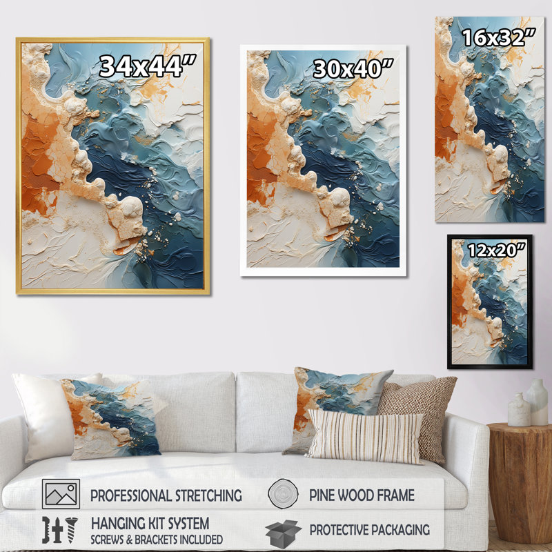 Combat de vagues moderne bleu sarcelle - art mural abstrait, Cadre flottant blanc, H 40 po x l 30 po x P 1,5 po