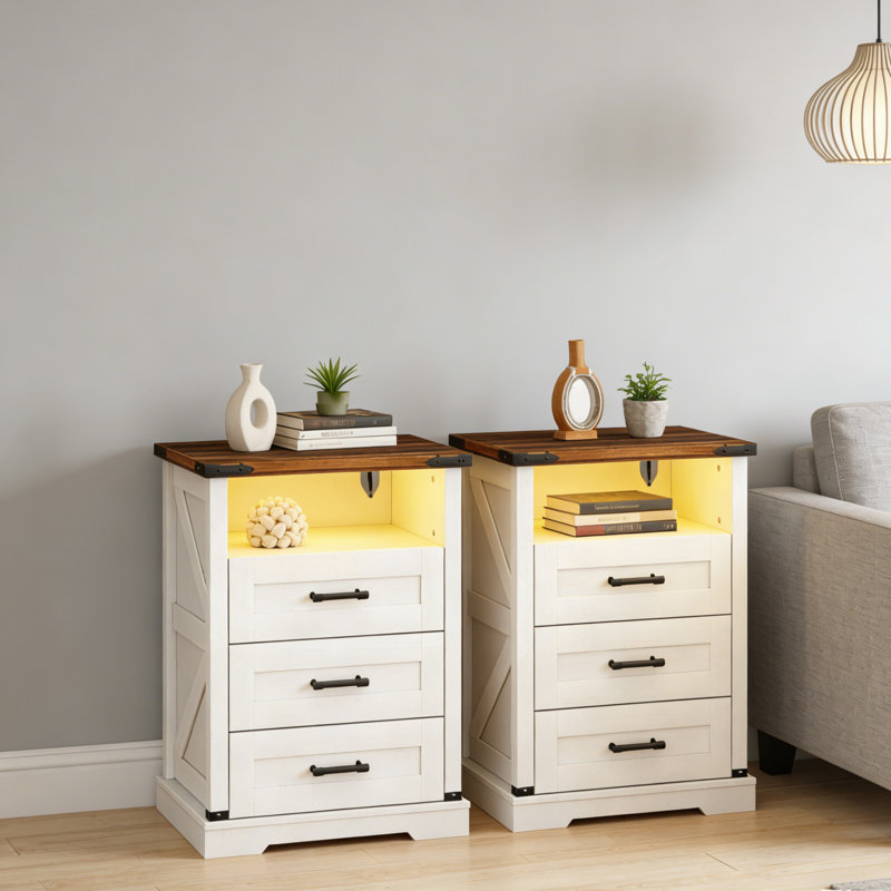 Table de chevet de style campagnard avec ports USB / Type-C - éclairage à induction intelligent et tiroirs de rangement