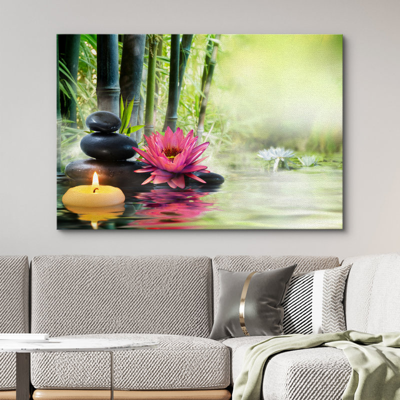 «Zen Stones Rocks and a Lotus on a Lake Side to Bamboo Branches», reproduction sur toile tendue, H 24 po x l 36 po x P 2 po