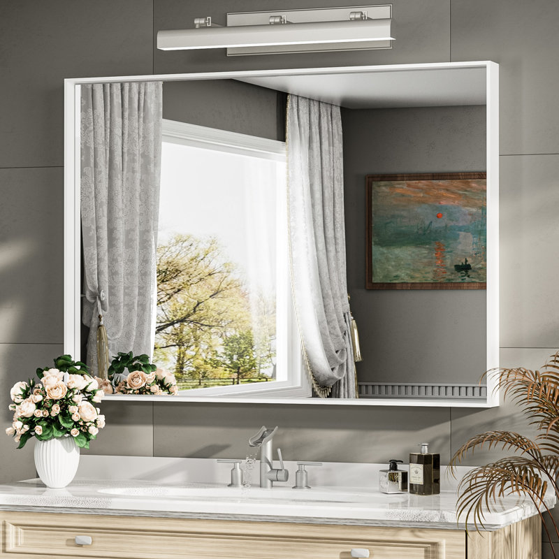 Miroir mural français en verre trempé et en alliage d'aluminium, Blanc, 40 po x 30 po