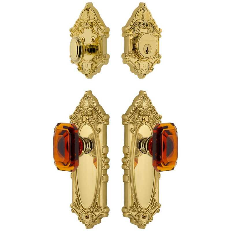 Grandeur Grande Victorian Long Plate Entry Set with Baguette Amber Crystal Knob in Polished Nickel, Lifetime Brass, 2.375"
