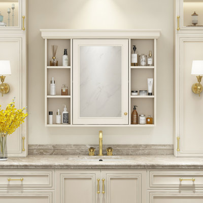 35'' X 28'' Wall Mounted Bathroom Storage Cabinet With Mirror Door, Modern Bathroom Wall Cabinet With Mirror, Medicine Cabinet With 6 Open Shelves