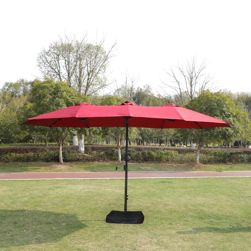 Grand parasol rectangulaire double 15 x 9 pi pour l'extérieur avec lumière et base, Rouge