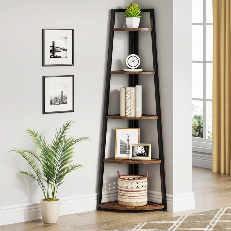 Présentoir de coin à 5 niveaux, cadre en métal robuste avec tablettes en bois, unité de rangement compacte pour le salon et le bureau personnel
