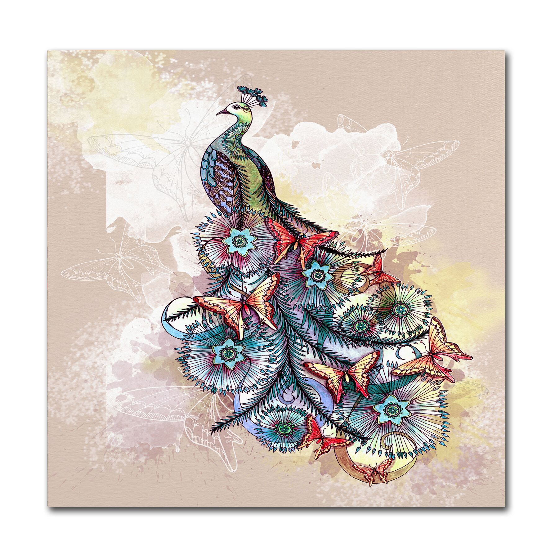 Peacock Decor Red - Wrapped Canvas Graphic Art Print Ebern Designs Size: 35 H x 35 W x 2 D