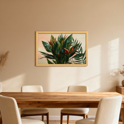 Plantes et fleurs aux feuilles tropicales avec des accents rouges sur fond beige