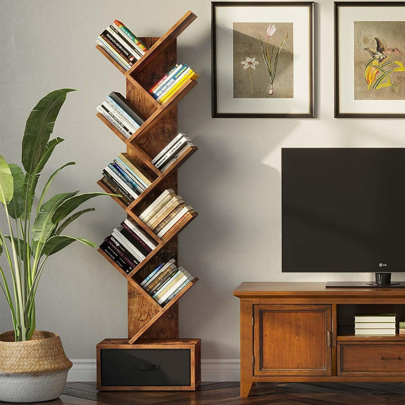 Bibliothèque à 9 tablettes avec tiroir, support de rangement en bois, brun rustique, organisateur de coin utilitaire